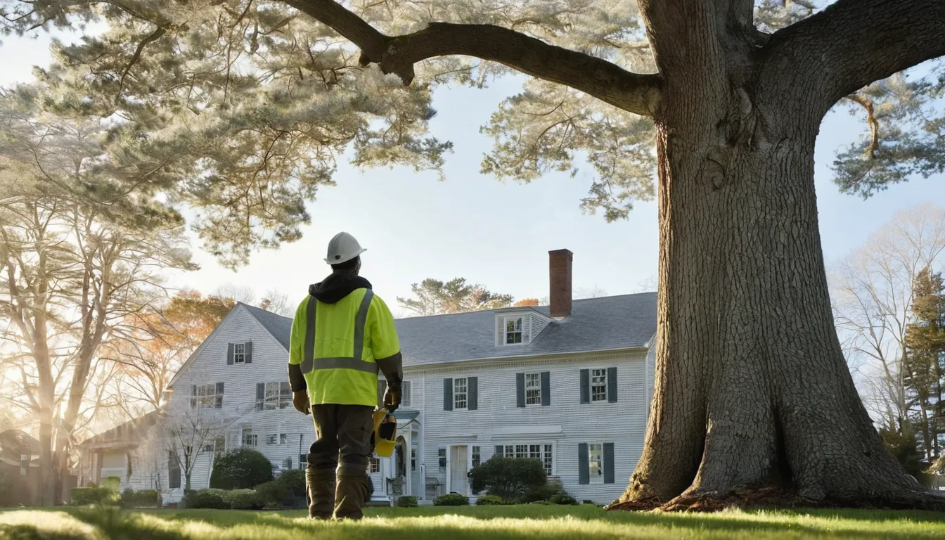 A tree service provider inspecting a large tree near a house in Camden