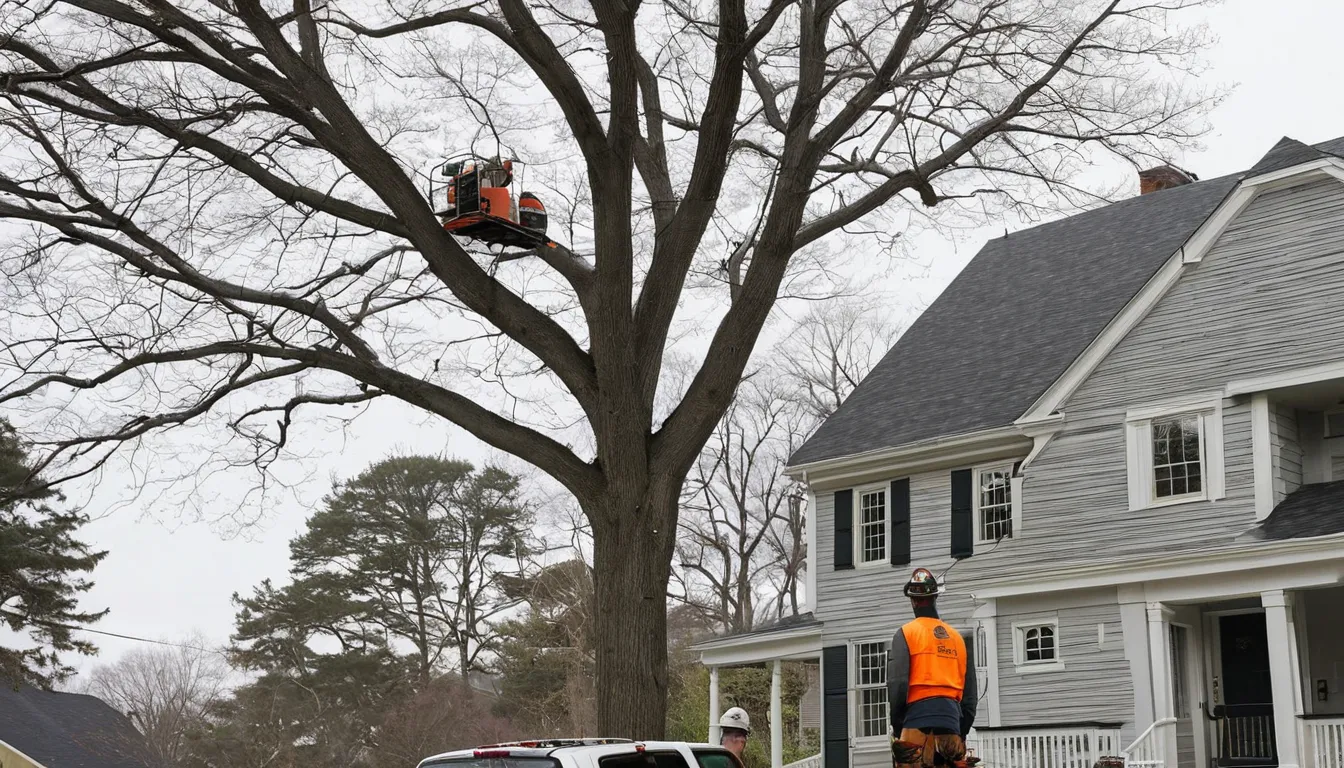 A local tree removal provider and a homeowner talking beside a large tree in a Camden backyard